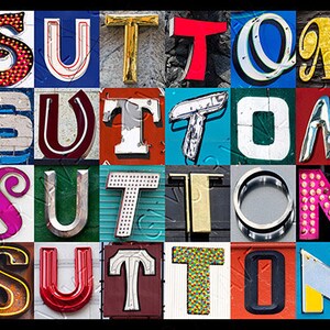 May include: A colorful mosaic of letters spelling out the name "Sutton". Each letter is a different color and style, with some letters having a neon glow.