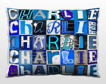 Almohada personalizada con CHARLIE en fotos de letras de signo AZUL; Cojines de sofá personalizados; Almohadas de colores; Almohada de fotos; Almohadas de sofá