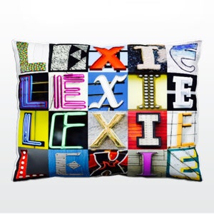 Oreiller personnalisé avec LEXIE dans les photos de lettres de signe; Coussins de canapé personnalisés; Oreillers colorés; Oreiller photo; Oreillers de sofa