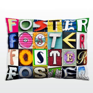 Oreiller personnalisé avec FOSTER dans les photos de lettres de signe; Coussins de canapé personnalisés; Oreillers colorés; Oreiller photo; Oreillers de sofa