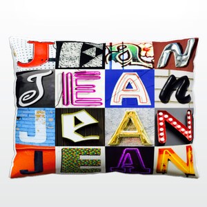 Oreiller personnalisé avec JEAN dans les photos des lettres de signe ; Coussins de canapé personnalisés; Oreillers colorés; Oreiller photo; Oreillers de sofa