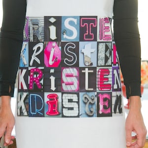 Custom Aprons featuring names in photos of alphabet sign letters; Personalised aprons; Cooking aprons; Kitchen aprons; Chef aprons