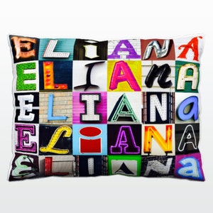 Oreiller personnalisé avec ELIANA dans les photos de lettres de signe; Coussins de canapé personnalisés; Oreillers colorés; Oreiller photo; Oreillers de sofa