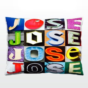 Oreiller personnalisé avec JOSE dans les photos de lettres de signe; Coussins de canapé personnalisés; Oreillers colorés; Oreiller photo; Oreillers de sofa