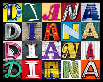 Könnte beinhalten: Ein farbenfrohes Mosaik aus Buchstaben, die den Namen "DIANA" buchstabieren. Jeder Buchstabe hat eine andere Farbe und einen anderen Stil, wobei einige Buchstaben mit Neonlicht, andere mit einem Vintage-Look und andere mit einem moderneren Design versehen sind.