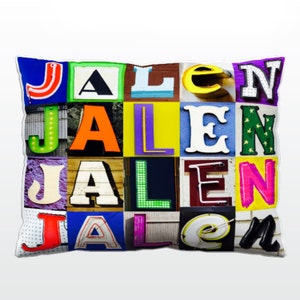 Personalized Pillow featuring JALEN in photos of sign letters; Custom couch cushions; Colorful pillows; Photo pillow; Sofa pillows