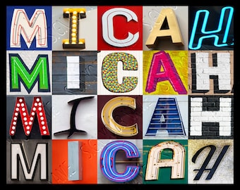 MICAH gepersonaliseerde poster met foto's van brieven van borden; Typografie afdrukken; Muurdecoratie; Aangepaste kunst aan de muur; Naam affiche