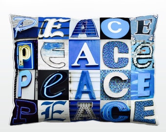 Personalized Pillow featuring PEACE in photos of BLUE sign letters; Holiday decor; Christmas pillow; Hanukkah decor; Sofa pillows