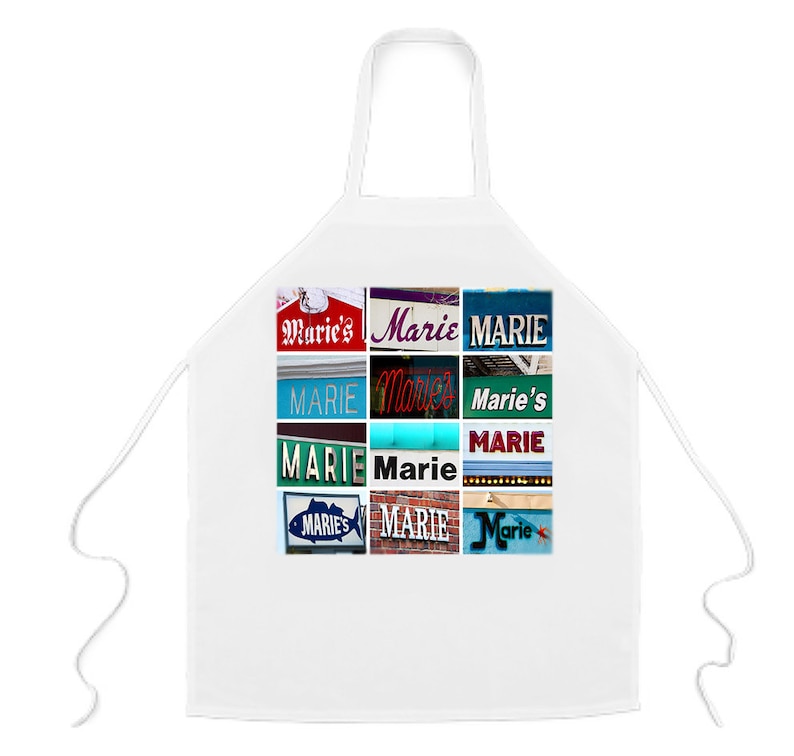 Custom Apron featuring the name MARIE in photos of actual signs; Personalised aprons; Cooking aprons; Kitchen aprons; Chef aprons