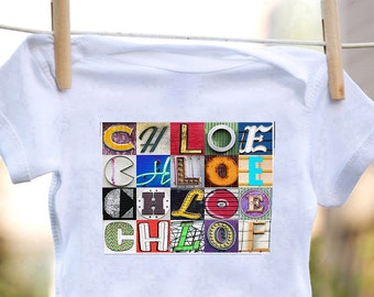 Personalized baby bodysuit featuring the name CHLOE showcased in photos of letters from actual signs; Baby gift; Baby shower