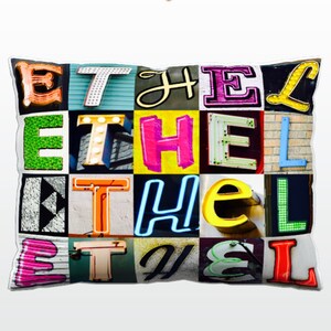 Oreiller personnalisé avec ETHEL dans les photos de lettres de signe; Coussins de canapé personnalisés; Oreillers colorés; Oreiller photo; Oreillers de sofa