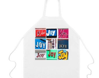 Tablier JOY avec le nom sur les photos d'enseignes réelles ; Tabliers personnalisés ; tabliers de cuisine; Tabliers de cuisine; Tabliers de chef