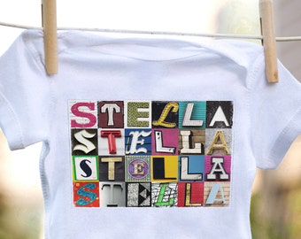 Personalized baby bodysuit featuring the name STELLA showcased in photos of letters from actual signs; Baby gift; Baby shower