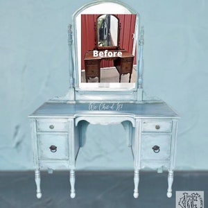 Blue & White Painted Vanities SOLD - Pic 3 Antique Vanity with mirror and bench - AVAILABLE