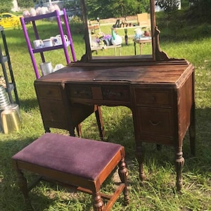 Antique unpainted Vanity with mirror and bench - AVAILABLE - Ready to custom paint (Blue & white vanity SOLD - work examples)
