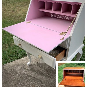 Shabby Chic Vintage Half Sized Drop Front Secretary Desk - Painted in Pink and Cream with Lined Drawers