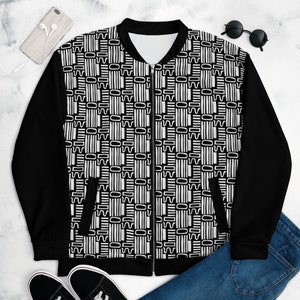 Black and White African Print Front Only Designed - Zip-Up Unisex Bomber Jacket w/Pockets