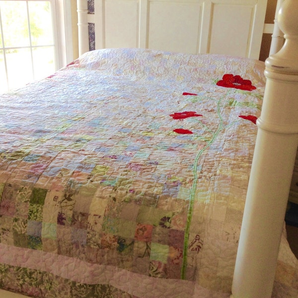 Heirloom Watercolor Quilt Queen Size Quilt with Red Flower- Handmade Quilt Gift- Wedding Gift -Poppies Quilt