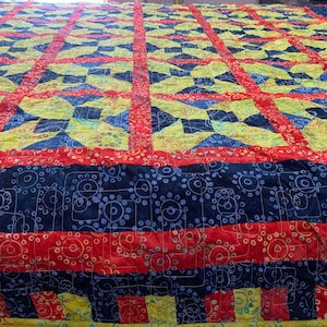 Quilted Batik Throw- Handmade Patchwork Red, Blue, Green Quilt Gift For Her