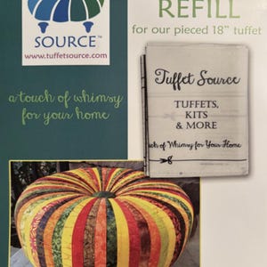 May include: A colorful, striped tuffet with black legs, displayed with a Fabric Foundation Refill package. The image includes the "Tuffet Source" logo and the text "a touch of whimsy for your home". The tuffet is approximately 18 inches in diameter.