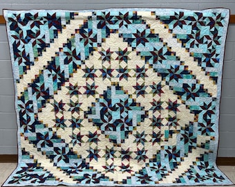 Handmade Cotton Queen Size Quilts |Blue Patchwork Star Quilt -Light Blue and Cream Star Quilt | Blue Modern Patterned Quilt |SuzifeCreations