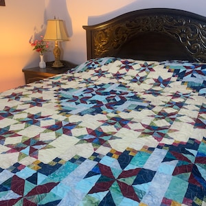 Handmade Patchwork Queen Quilt, Blue, Red and Cream Handmade Quilt, Wedding Gift