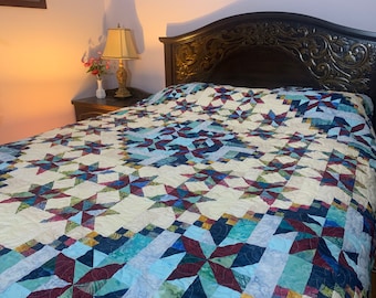 Handmade Patchwork Queen Quilt, Blue, Red and Cream Handmade Quilt, Wedding Gift