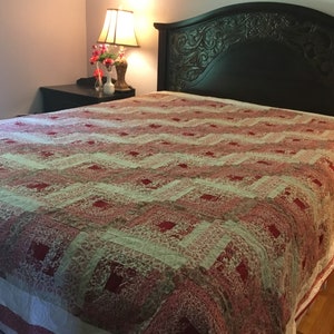 Queen Log Cabin Handmade Quilt- Log cabin Queen Size Quilt - Country Farmhouse Quilt-Pink White Cream Quilt- Unique
