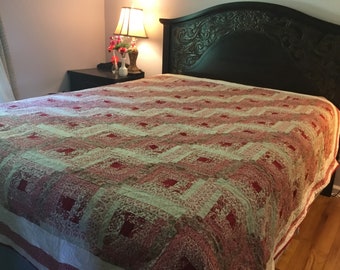 Queen blokhut handgemaakte quilt- blokhut queen size quilt - landelijke boerderij quilt-roze witte crème quilt-uniek