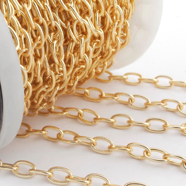 2 Feet Gold Plated Brass Chain - Cable Oval Link Chain - Brass Gold Curb Chain - Gold Necklace Chain - Soldered Chain 9mmx6mm GPC716