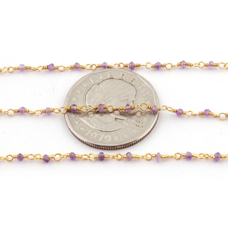 5 Feet Amethyst Hydro Coated Quartz 2mm 24K Gold Plated Wire Wrapped Rosary Style Beaded Chain BDG007