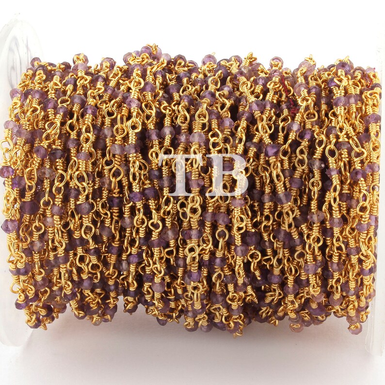 5 Feet Amethyst Hydro Coated Quartz 2mm 24K Gold Plated Wire Wrapped Rosary Style Beaded Chain BDG007