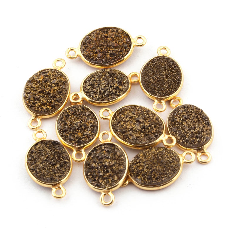 10 Pcs Mystic Brown Druzy Druzzy Drusy Bezel Oval 925 Sterling Vermeil Double Bail Connector 18mmx10mm SS215