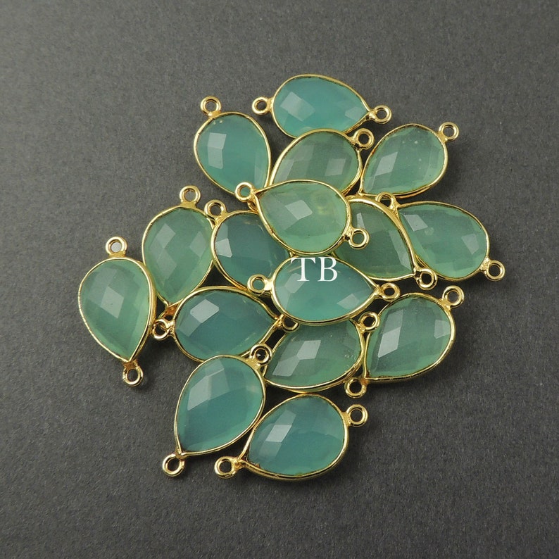 21mmx11mm SS417 4 Pcs Blue Aqua Chalcedony 925 Sterling Vermeil Faceted Pear Double Bail Connector