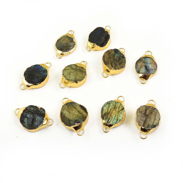 10 Pcs Labradorite Round Shape Bezel Connector,Gold Plated Double Bail Connector,Natural Shimmer Gray Gemstone Connector DRZ194