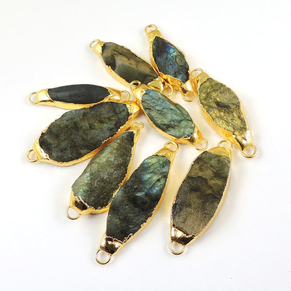 9 Pcs Labradorite Pear Shape Bezel Connector,Gold Plated Double Bail Connector,Natural Shimmer Gray Gemstone Connector DRZ192