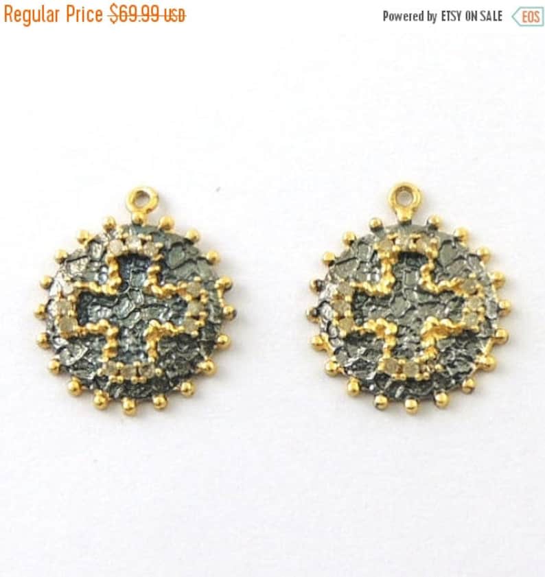 1 Pc Natural Pave Diamond Round With Cross Charm Pendant 24K Gold Vermeil 18mmx10mm PDC176
