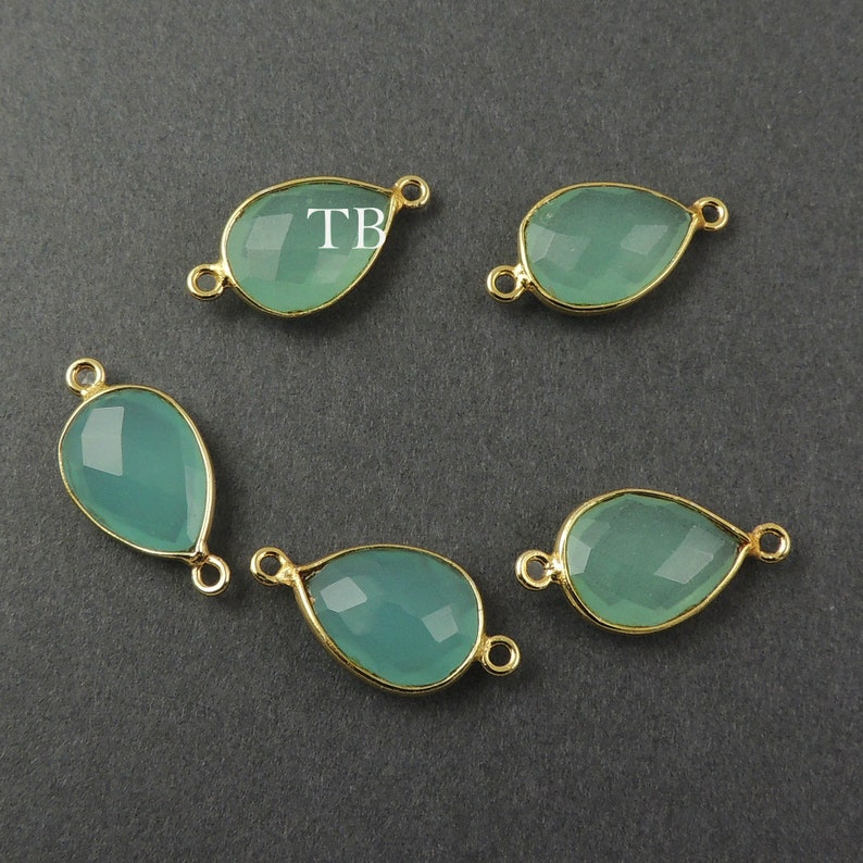 21mmx11mm SS417 4 Pcs Blue Aqua Chalcedony 925 Sterling Vermeil Faceted Pear Double Bail Connector