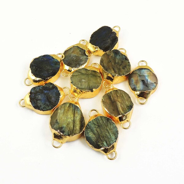 10 Pcs Labradorite Round Shape Bezel Connector,Gold Plated Double Bail Connector,Natural Shimmer Gray Gemstone Connector DRZ183