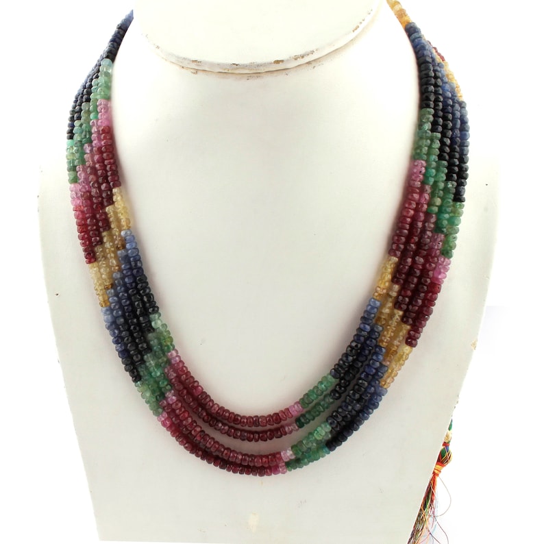 Rare /& Natural Necklace 5 Strand Of Genuine Multi Sapphire Necklace Faceted Rondelle Beads Stunning Elegant Necklace 4mm BRU3379