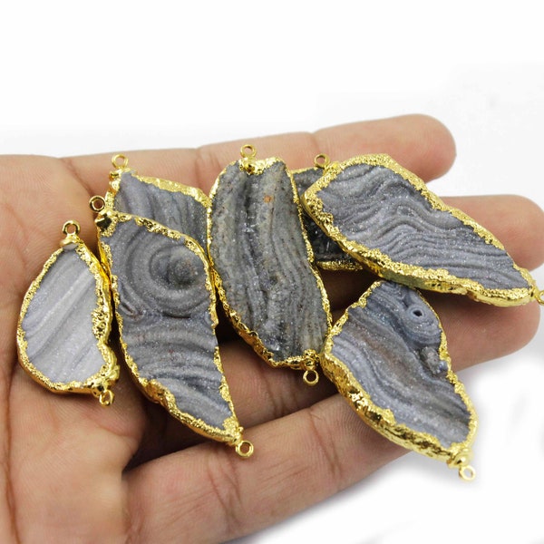 7 Pcs Gray Agate Druzy Drusy Druzzy Slice Electroplated 24K Gold Edge Double Bail Connector 36mmx16mm-49mmx18mm Drz259