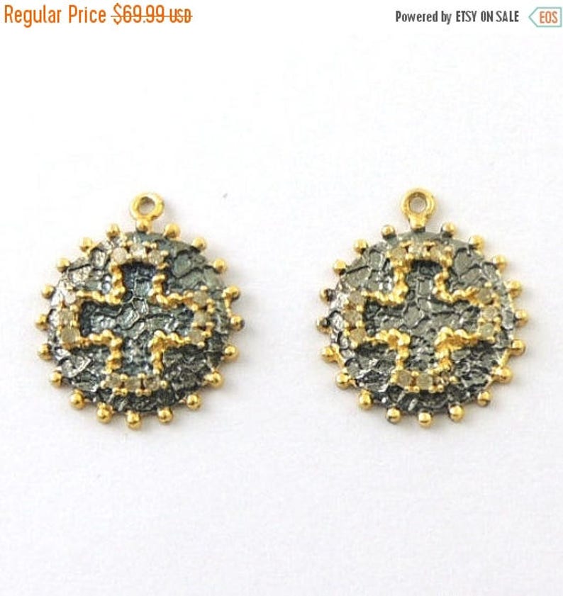 1 Pc Natural Pave Diamond Round With Cross Charm Pendant 24K Gold Vermeil 18mmx10mm PDC176