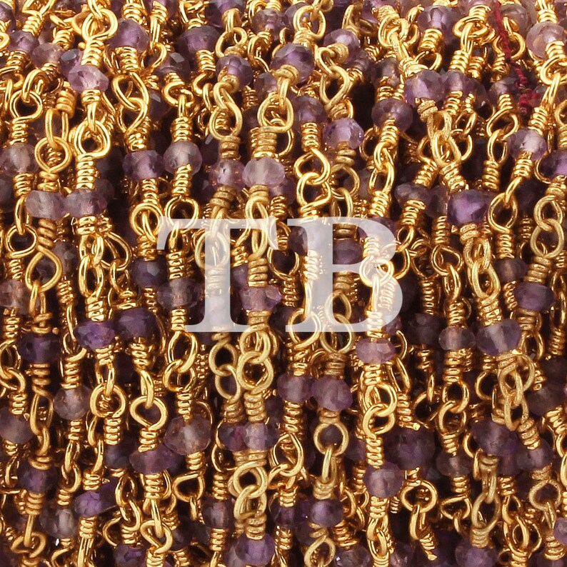 5 Feet Amethyst Hydro Coated Quartz 2mm 24K Gold Plated Wire Wrapped Rosary Style Beaded Chain BDG007