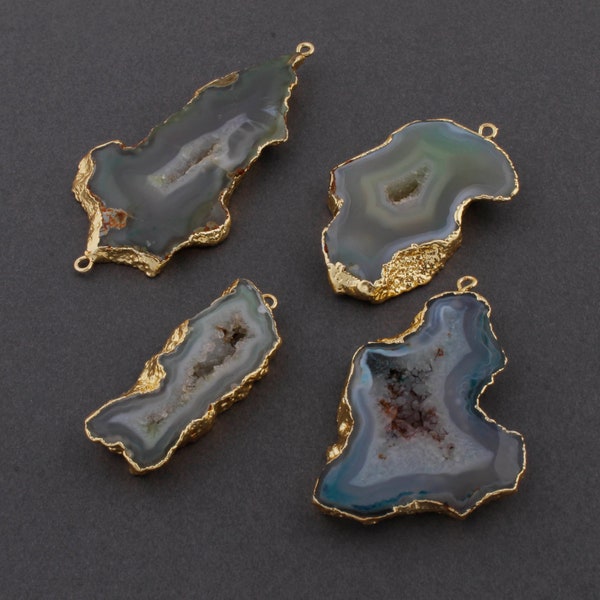 4 PCS Grey Agate Solar Quartz Druzy Drusy Druzzy Slice Electroforming Gold Edge 24K Gold Plated Pendant 41x16mm-67x32mm DRZ051