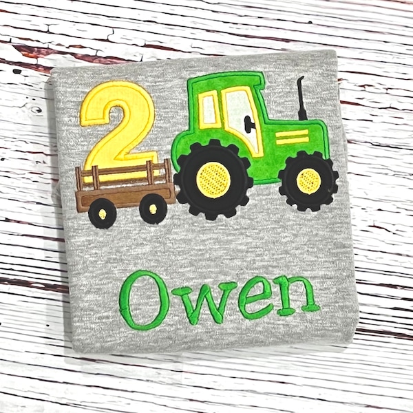 Tractor 2nd Birthday Party Shirt Featuring Wagon, Tractor, Number and Personalization