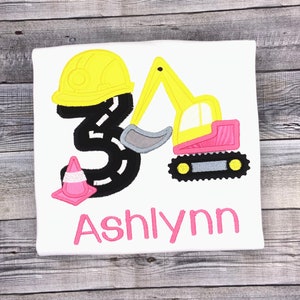 Girls&#39; Construction Birthday Shirt: Pink Excavator Party Outfit