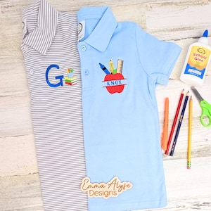 May include: A grey and white striped polo shirt with an embroidered blue letter G and school supplies, and a light blue polo shirt with an embroidered red apple, school supplies, and the name KNOX, alongside school glue, pencils, and scissors.