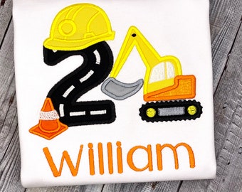 Construction Excavator 2nd Birthday Party Embroidered Shirt or Sweatshirt For Boy or Girl Birthday Party