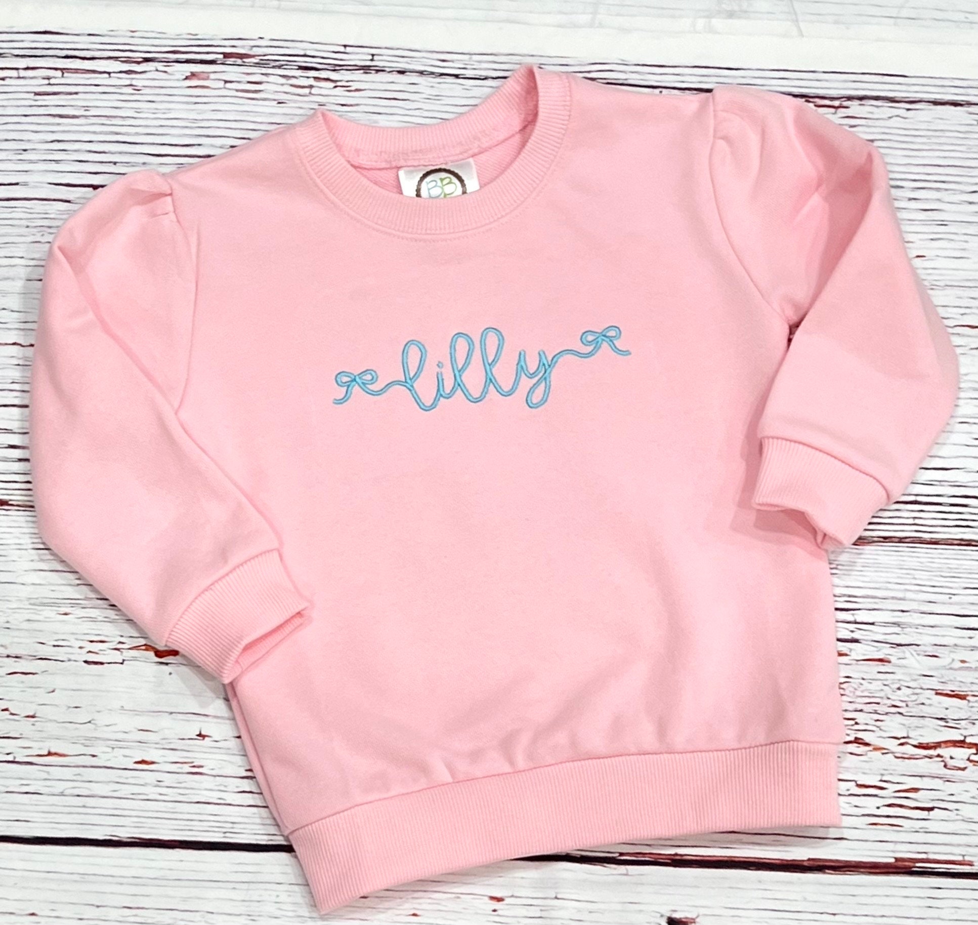 Monogram Girl Puff Shoulder Sweatshirt Embroidered with Bows and Name