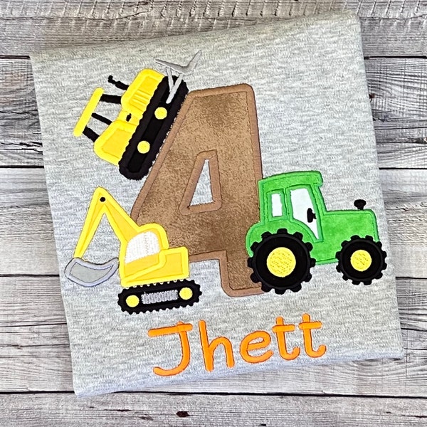 Construction Tractor Trio Birthday Shirt, Excavator Farm Tractor Dozier 4th Birthday Party Shirt Age 1 2 3 4 5 6 7 8 9